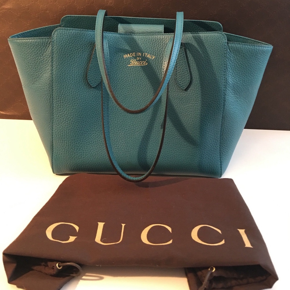 Authentic GUCCI Swing Teal Leather Tote Bag